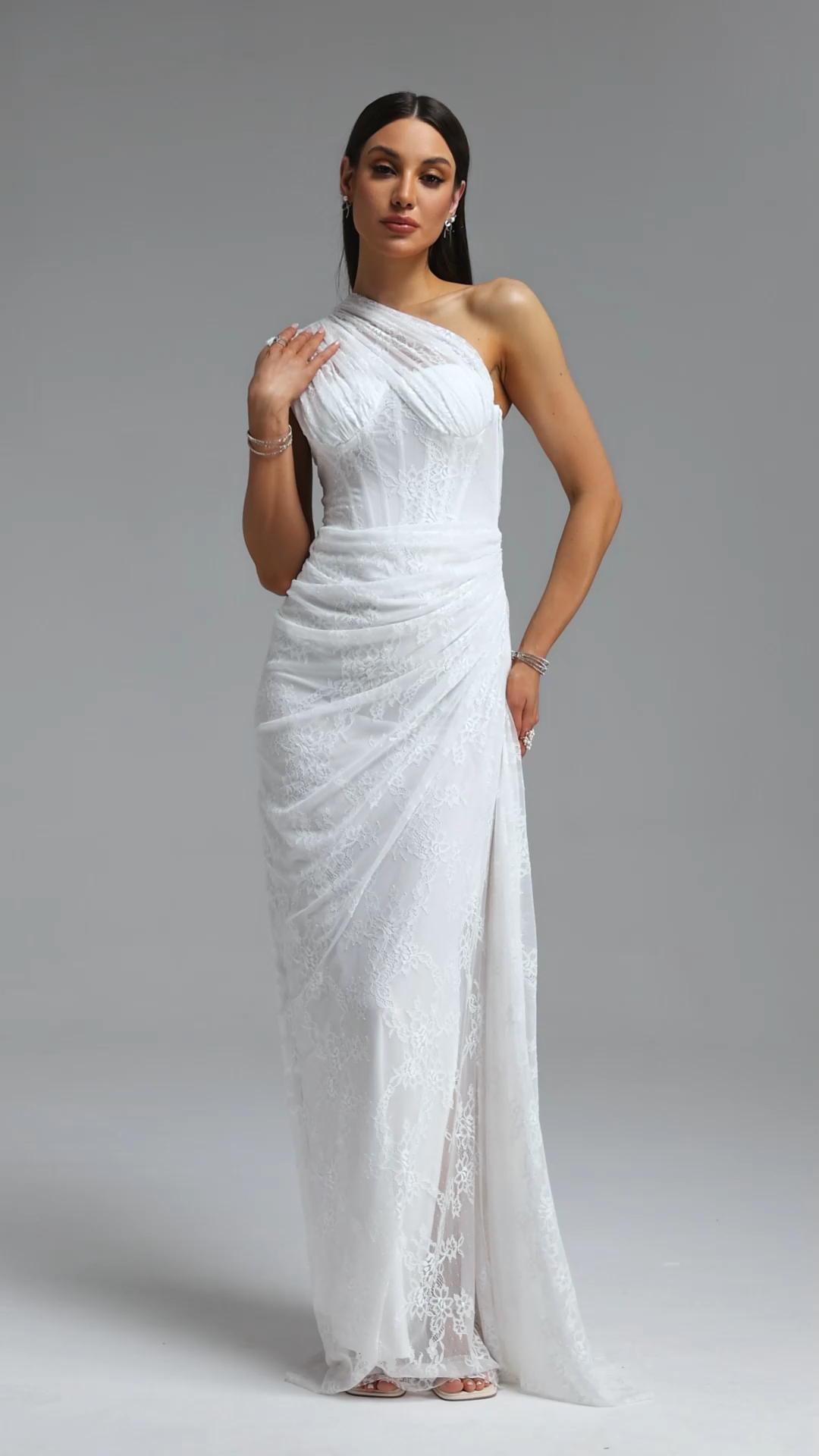 Finch Romantic Contour Sleeveless Ruched Lace Knit White Maxi Dress