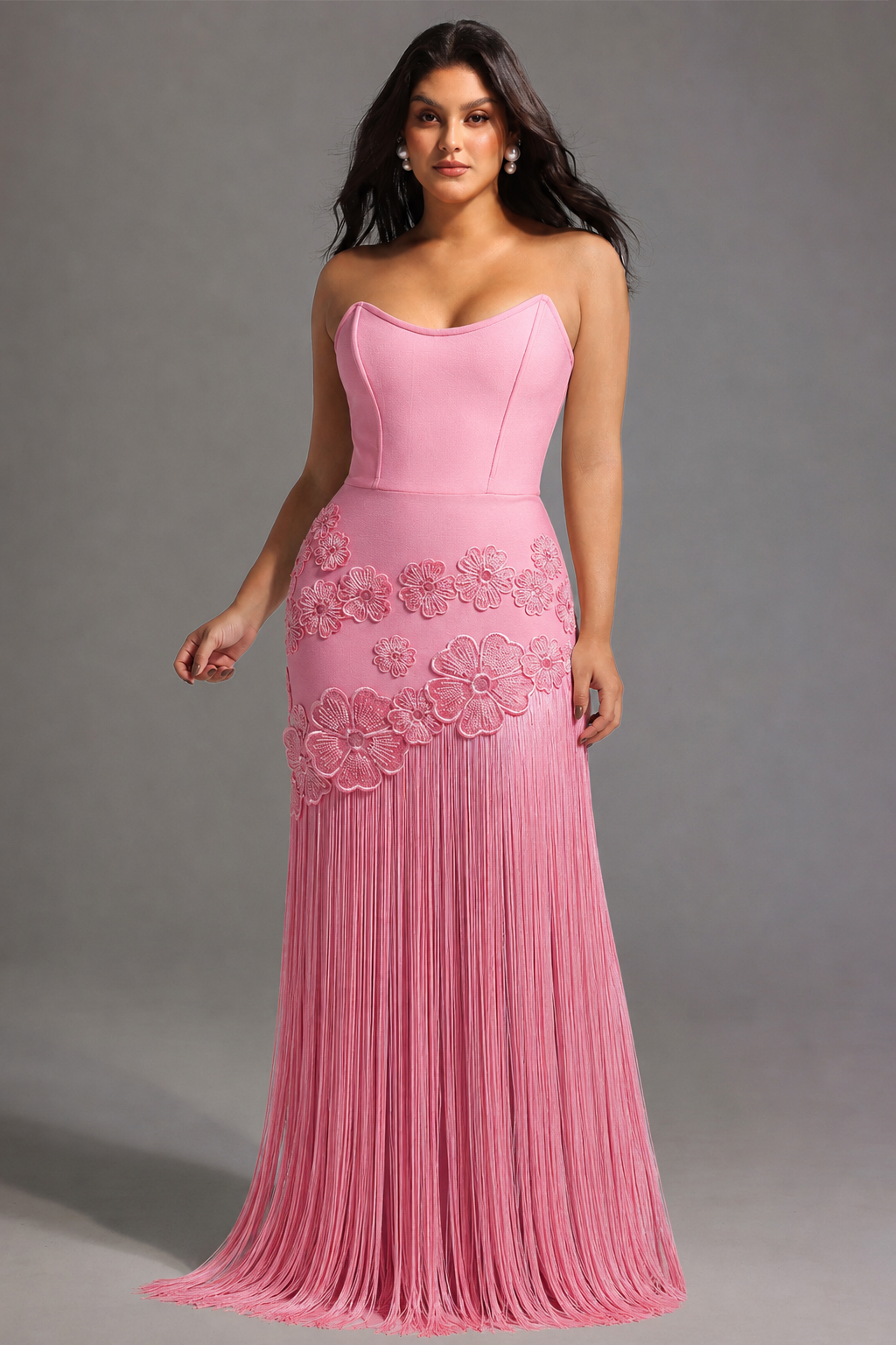 Ezgi Chic Contour Strapless Floral Fringe Bandage Maxi Dress