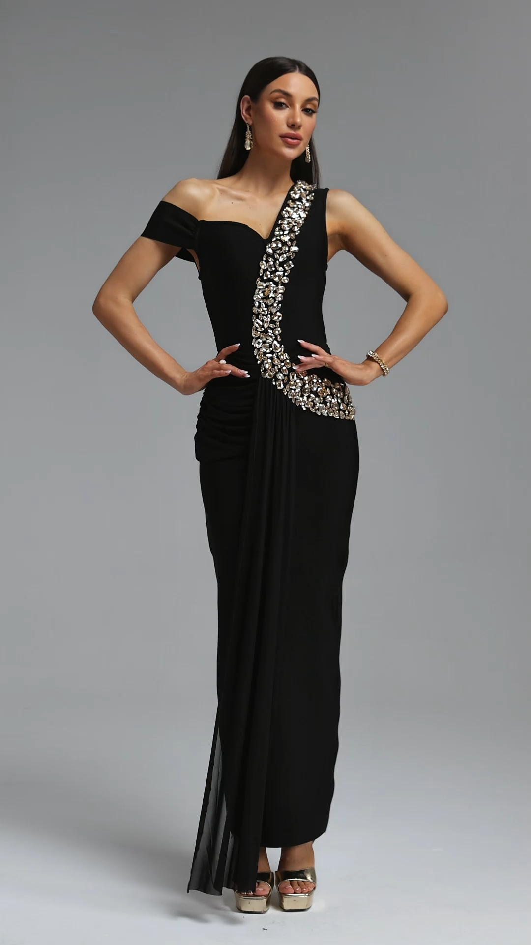 Nevaeh Elegant Contour Rhinestone Draped Ruched Bandage Maxi Dress