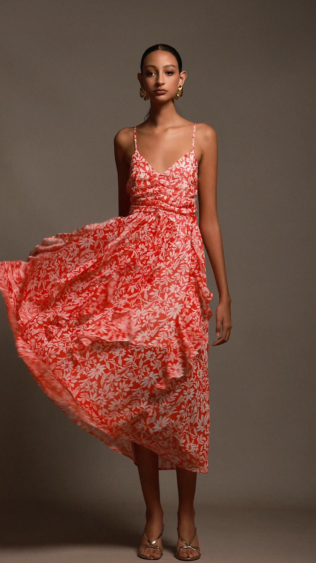 Malvina Halter Folds Floral Printed Midi Dress