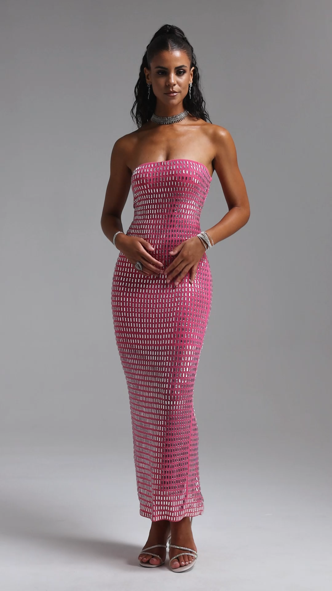 Julissa Strapless Rhinestone Mesh Fabric Maxi Dress