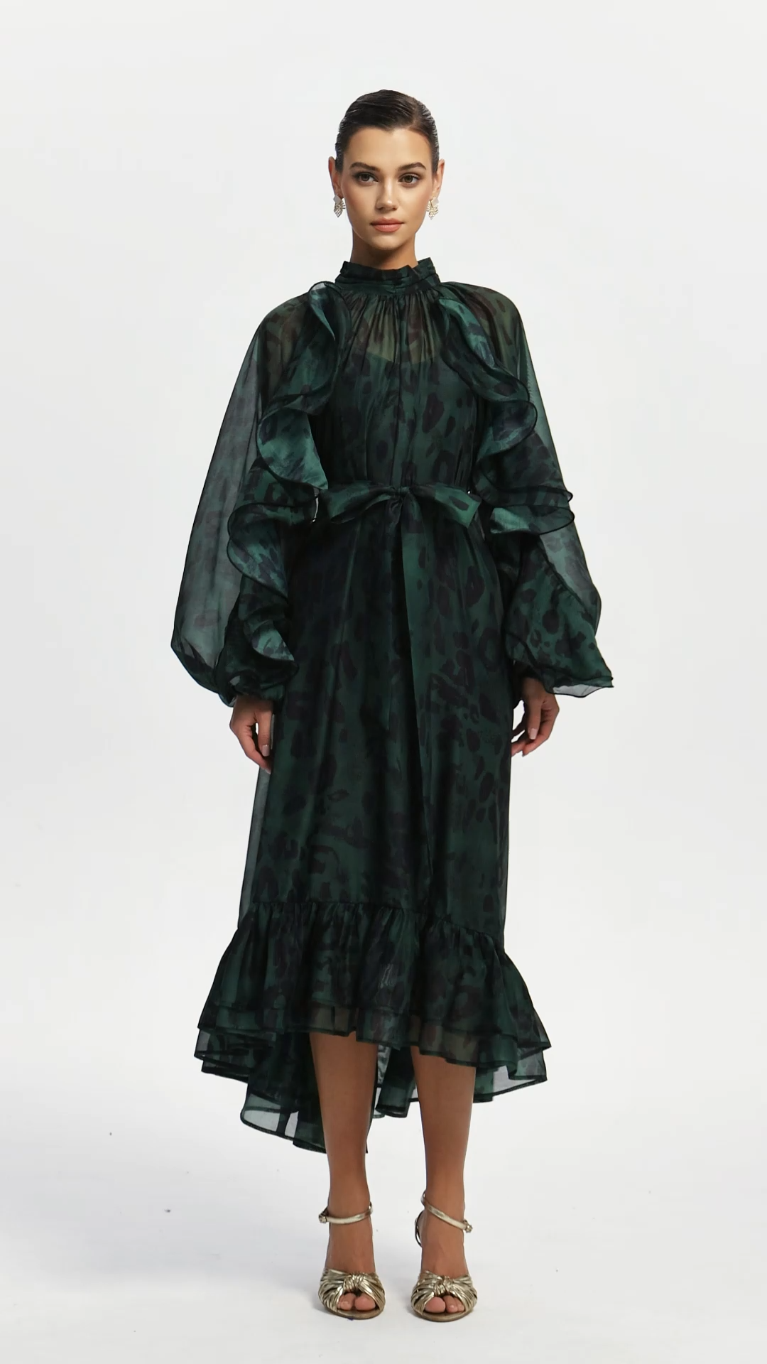Presley Resort Flowy Long Sleeve Falbala Printed Organza Green Maxi Dress
