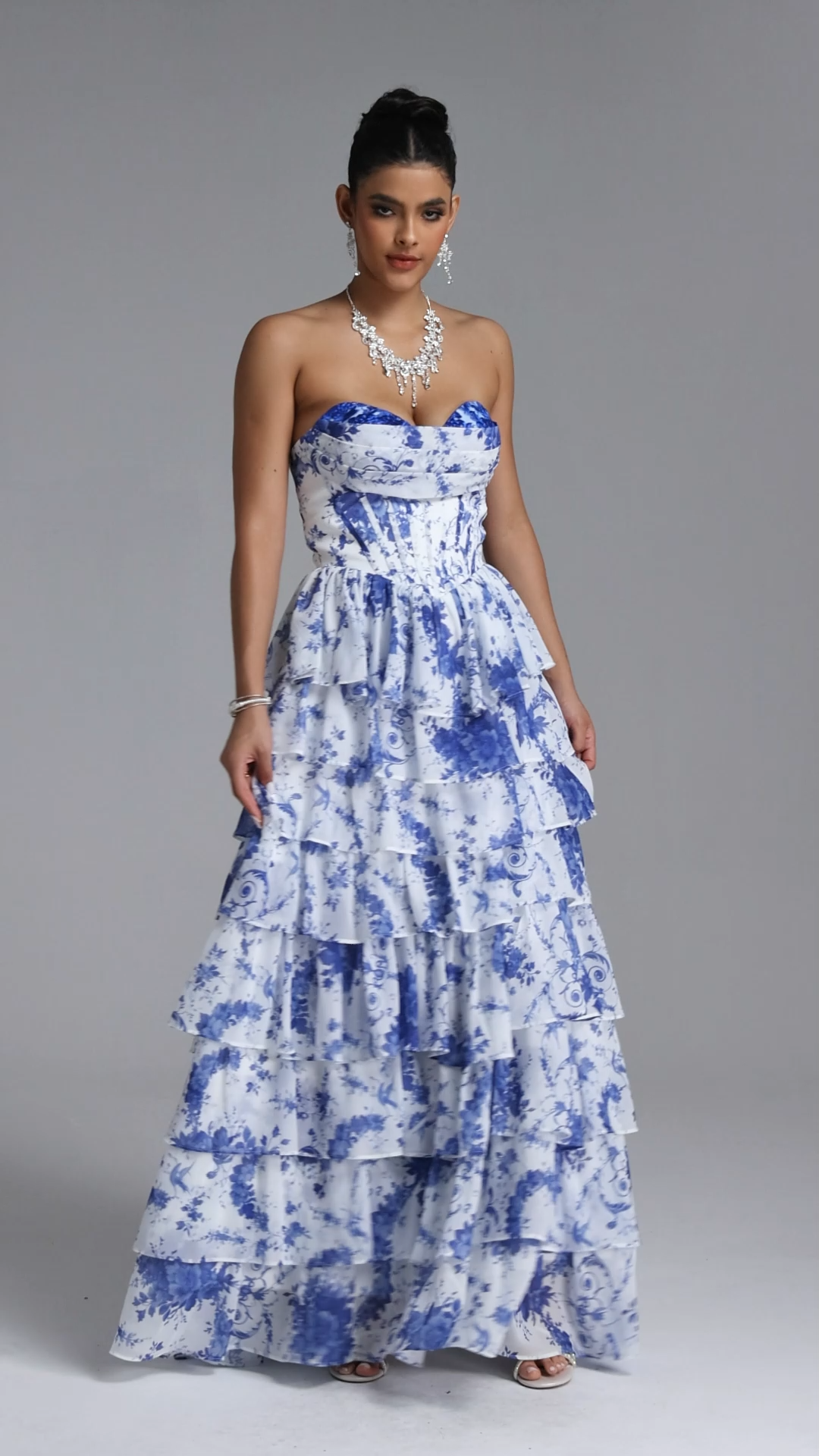 Pako Elegant Tailored Strapless Pleated Floral Print Maxi Dress