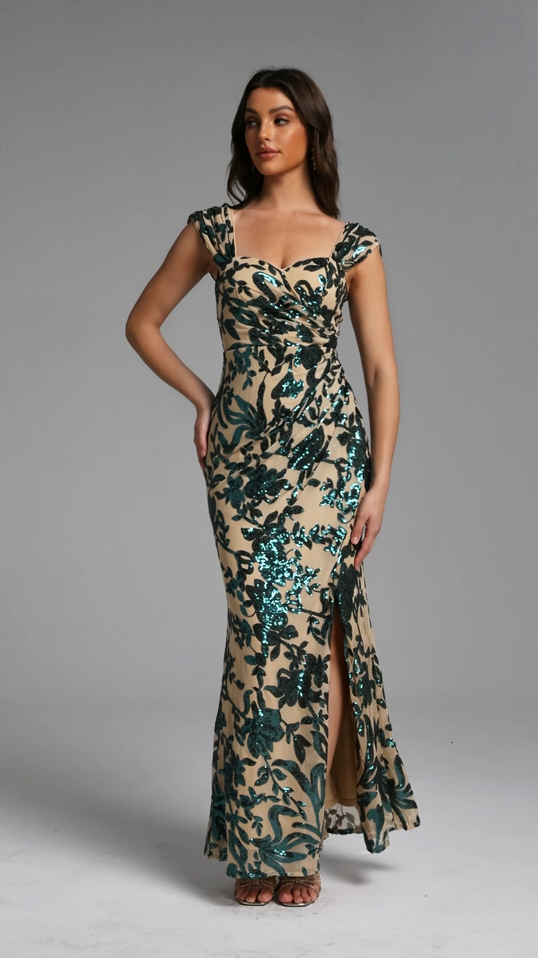 Enene Elegant Contour Short Sleeve Ruched High Slit Sequin Maxi Dress