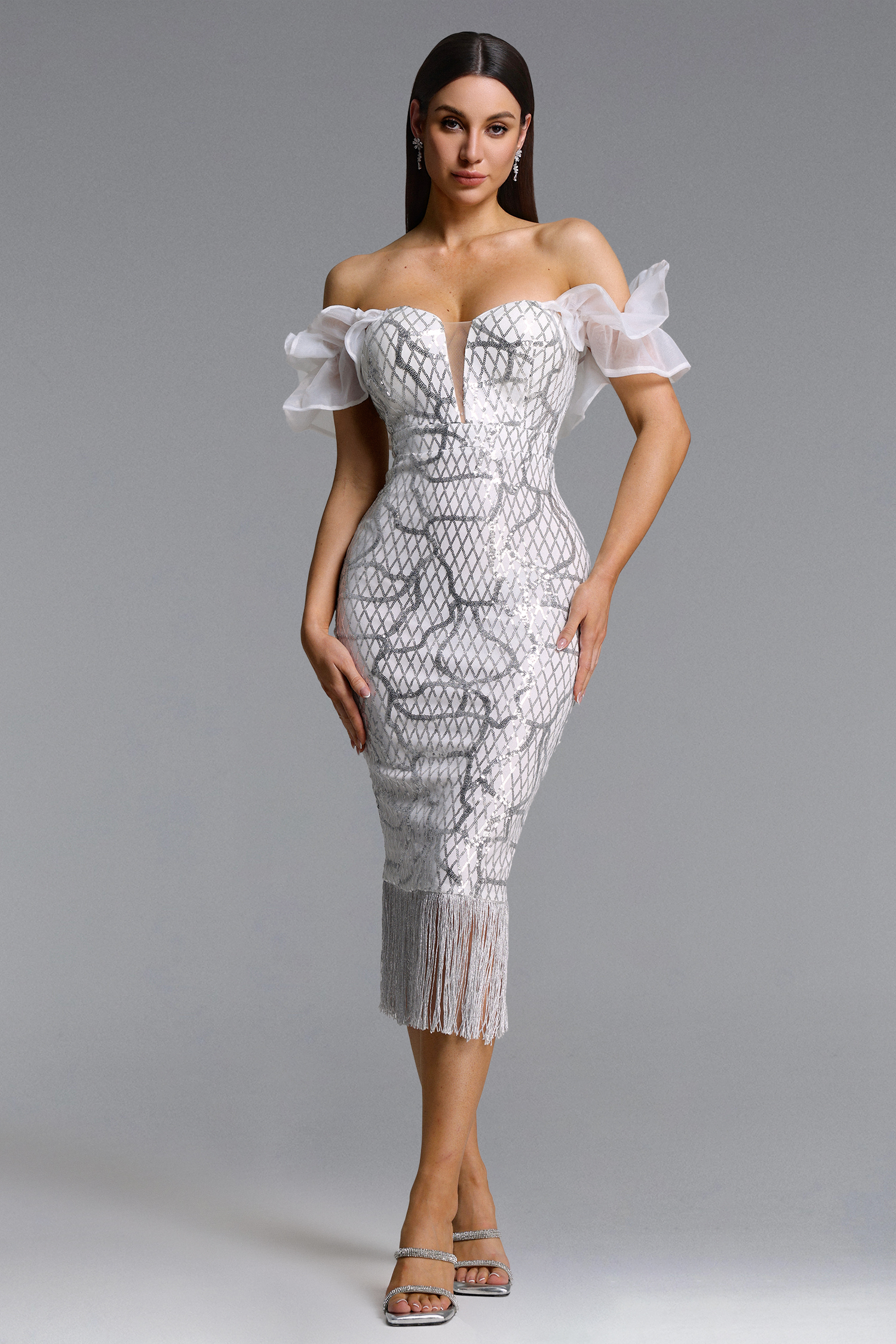 Loyisa Chic Contour Off Shoulder Sequin Fringe Midi Dress