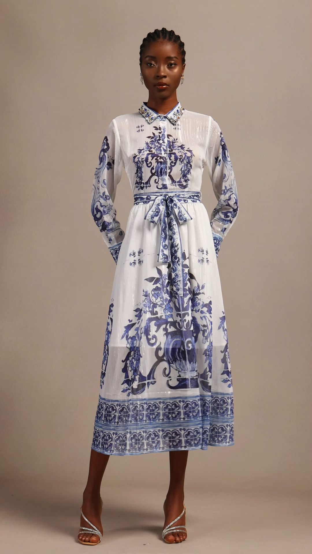 Valo Elegant Long Sleeve Printed Chiffon Midi Dress