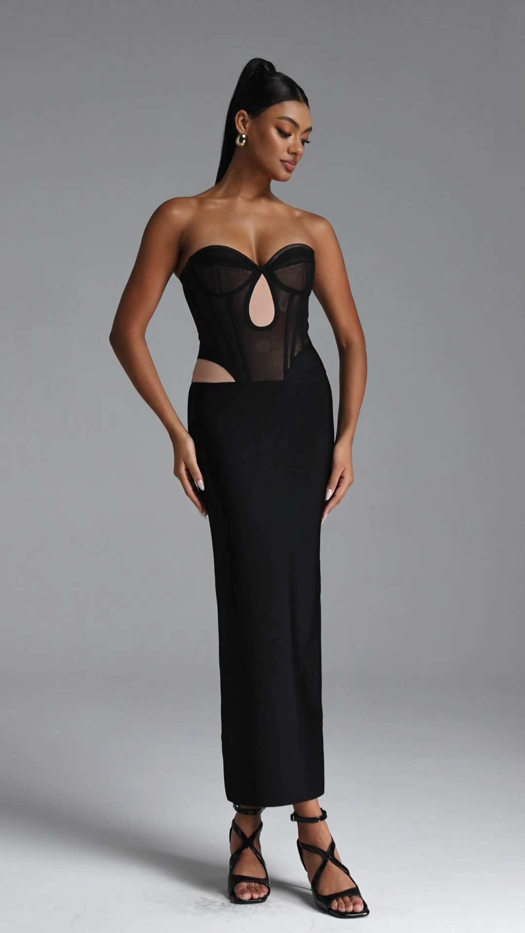Xaviera Sexy Contour Strapless Cut Out Sheer Bandage Maxi Dress