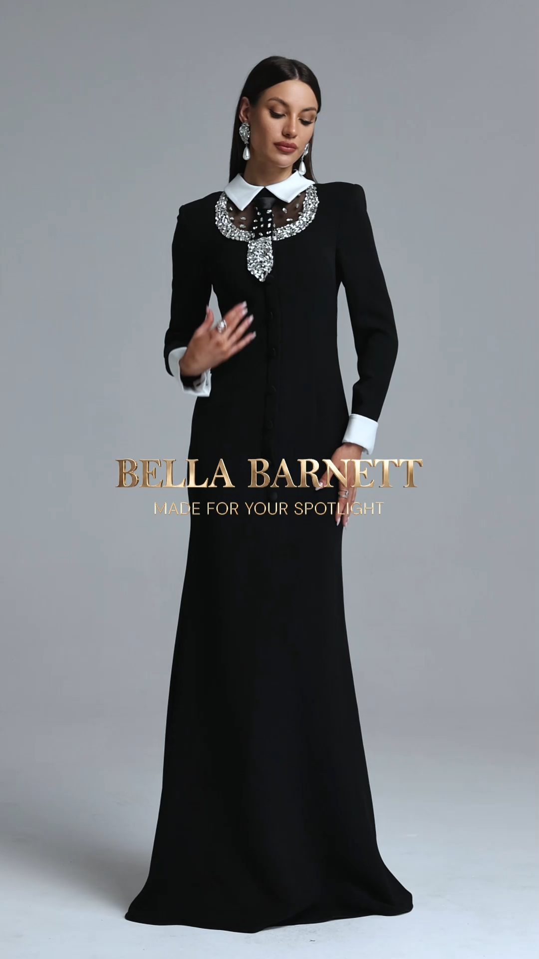 Vallea Classic Luxurious Long Sleeve Lapel Rhinestone Embellished Woven Maxi Dress