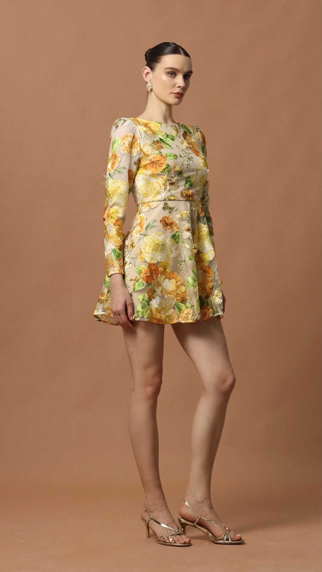 Maruja Round Neck Long Sleeves Flowers Mini Dress