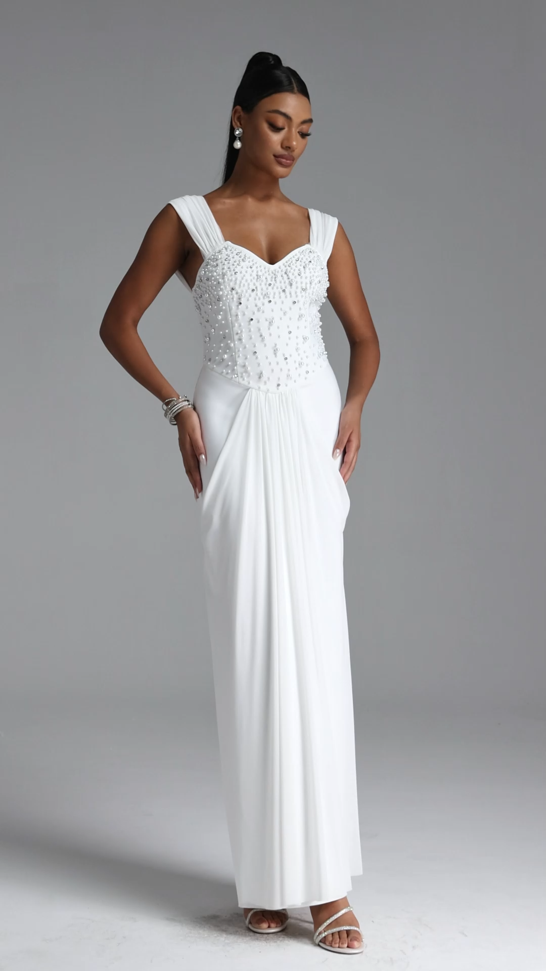 Mako Elegant Contour Pearl Rhinestone Ruched Bandage Maxi Dress