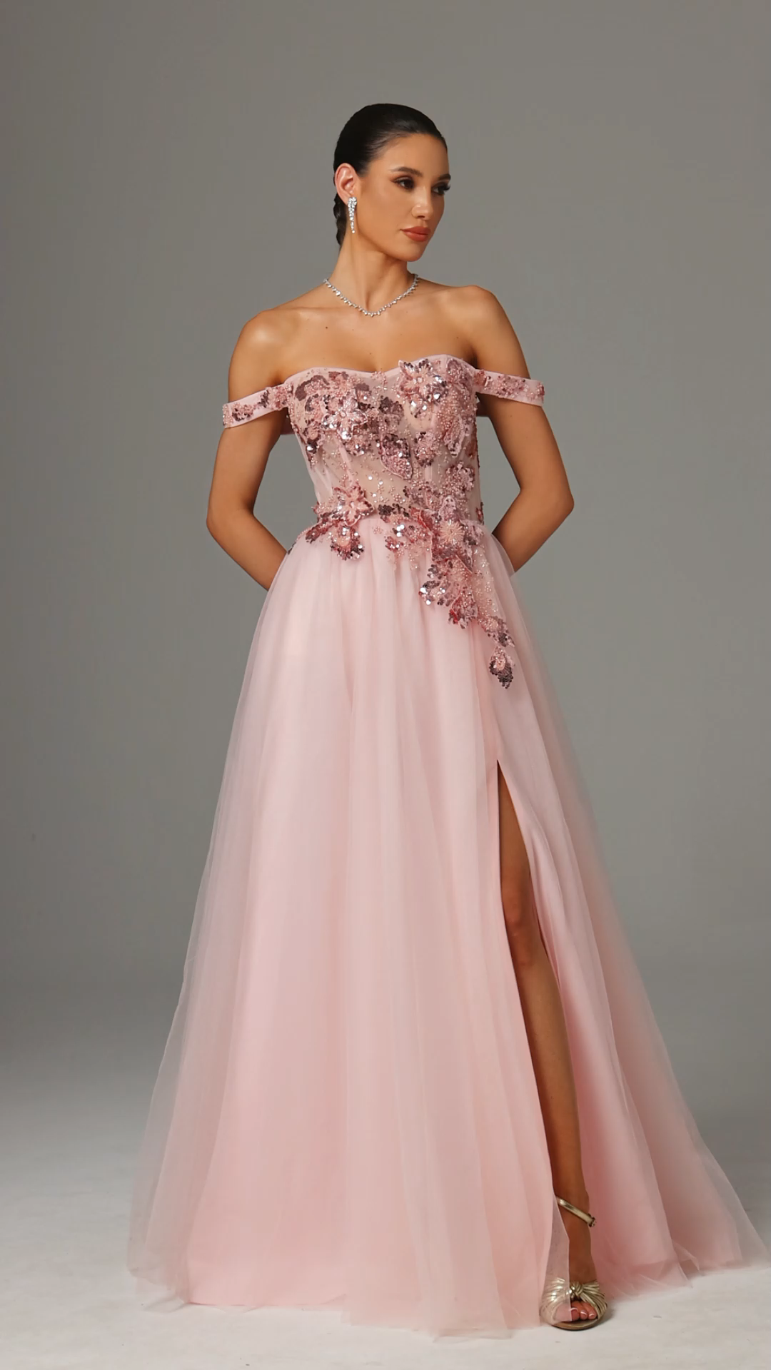 Lolo Off-shoulder Sequin Embroidered High Slit Maxi Dress