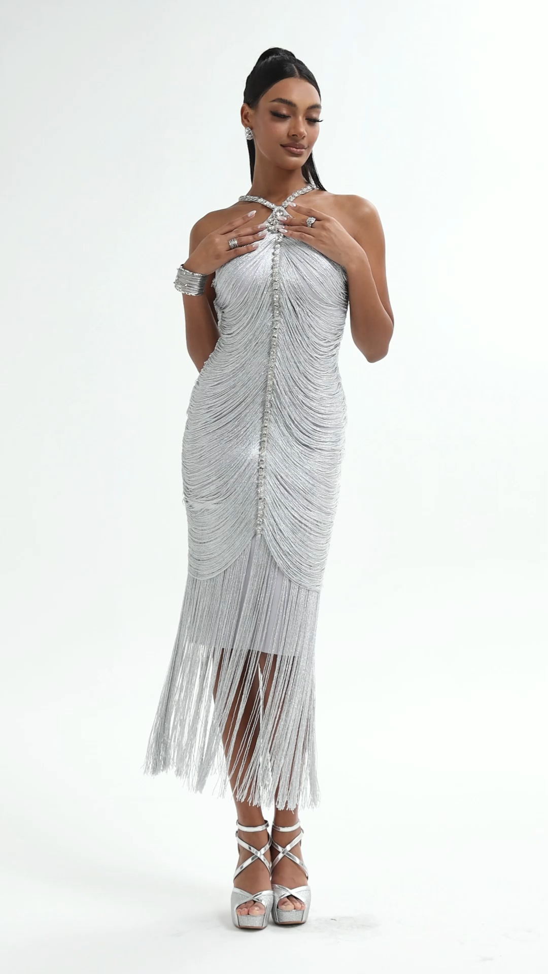 Mamie Elegant Fitted Rhinestone Tassel Maxi Bandage Dress