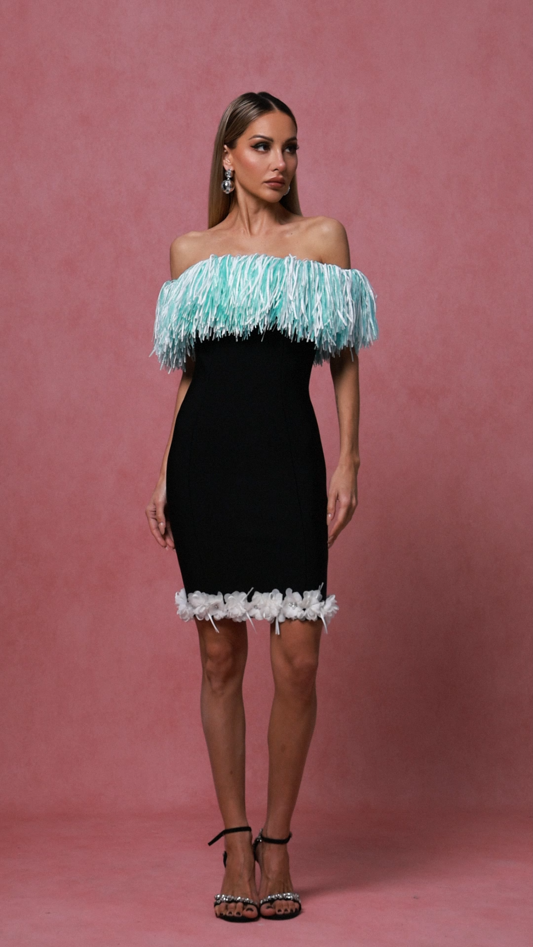 Lucy Off-The-Shoulder Tassel Flowers Bandage Mini Dress