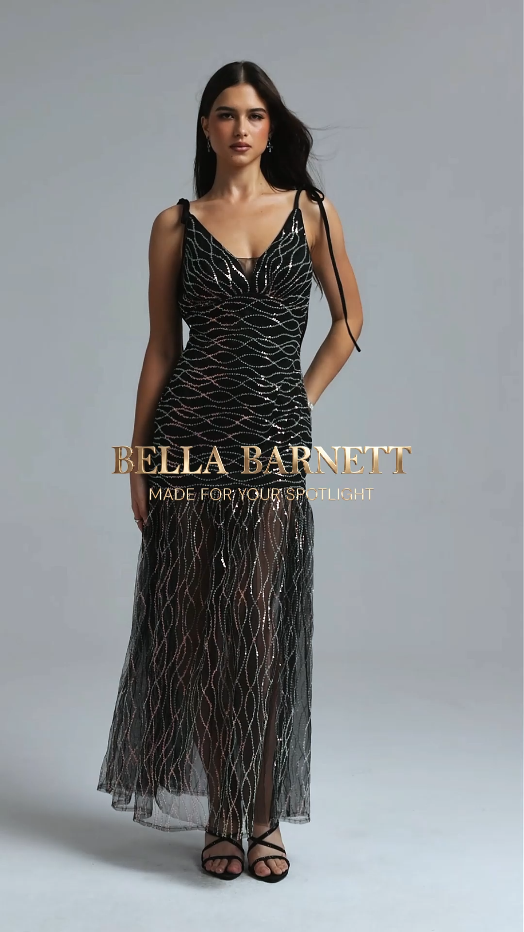 Nikuna Chic Contour V Neck Tie Strap Rhinestone Slit Tulle Maxi Dress