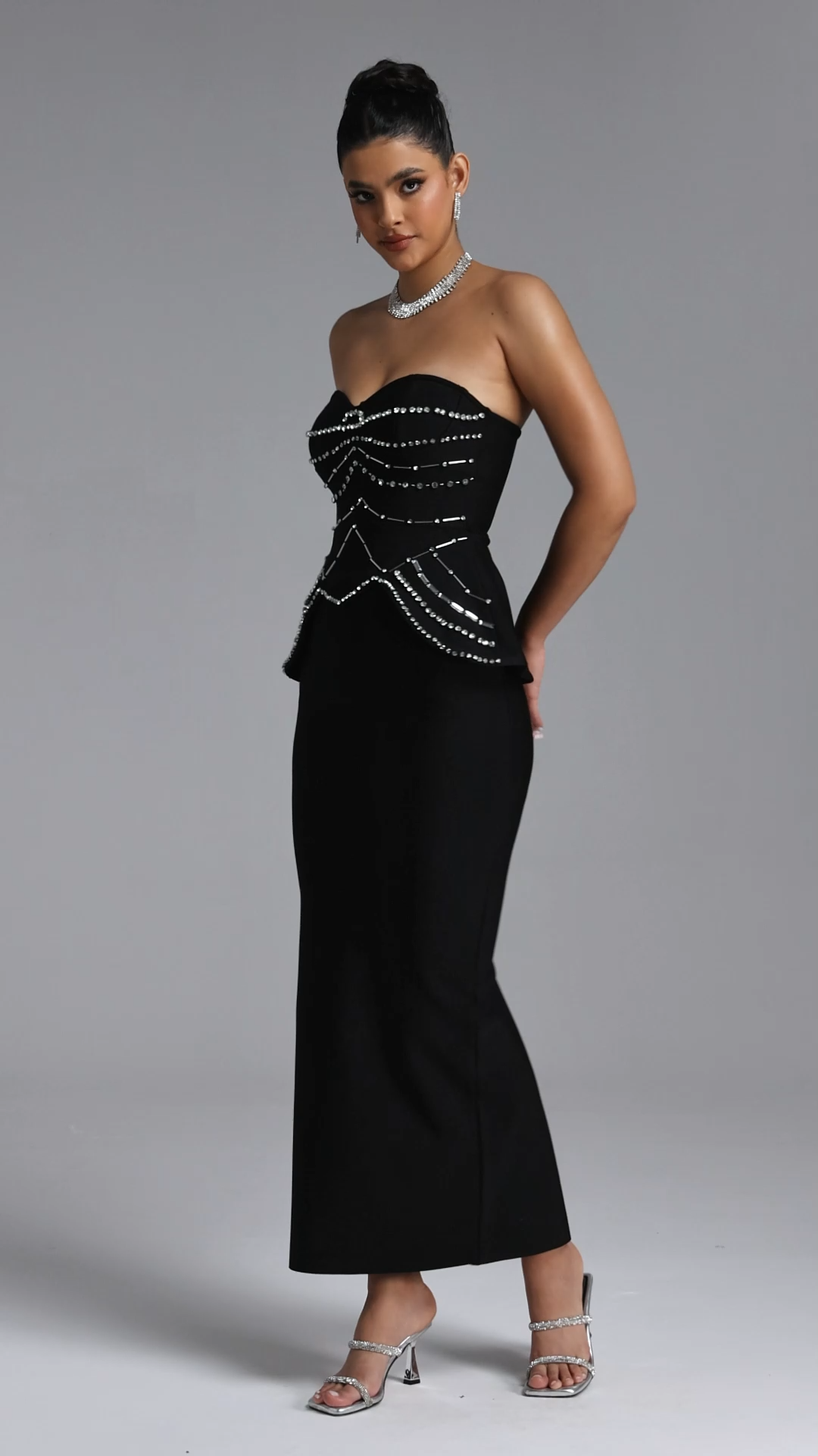 Dolores Glamorous Contour Strapless Rhinestone Bandage Maxi Dress
