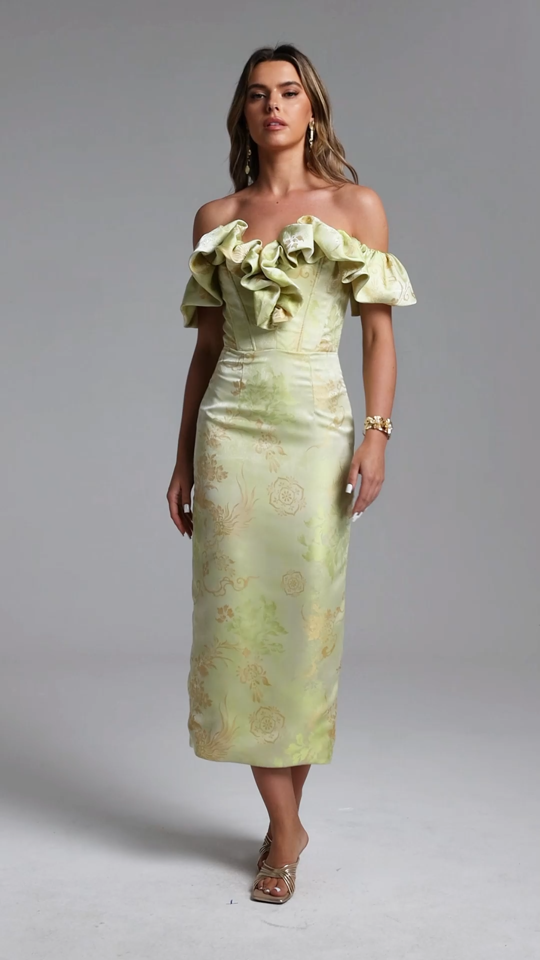 Rafaela Romantic Tailored Off Shoulder Ruffle Floral Print Maxi Dress