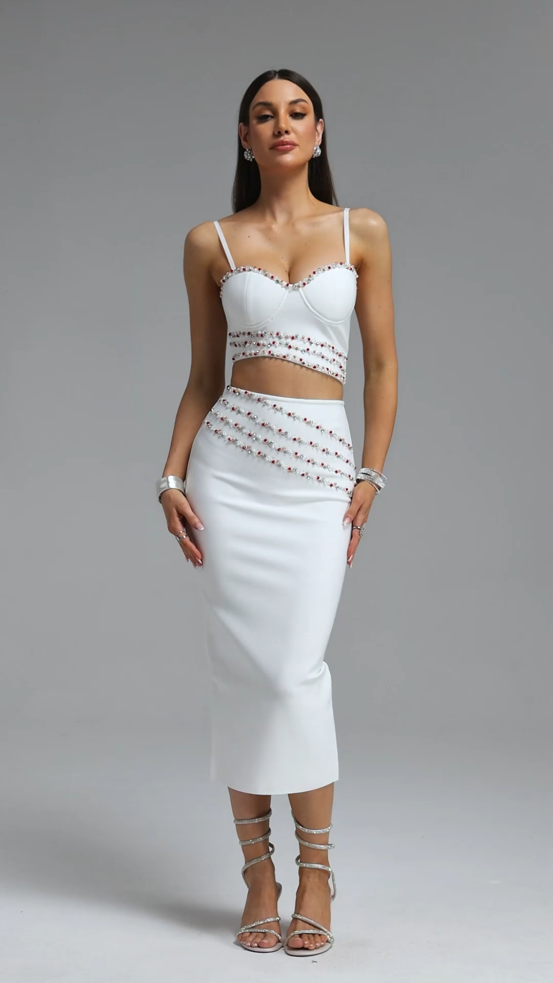 Pora Exquisite Contour Rhinestone Cami Top Bodycon Skirt Bandage Two Piece Set