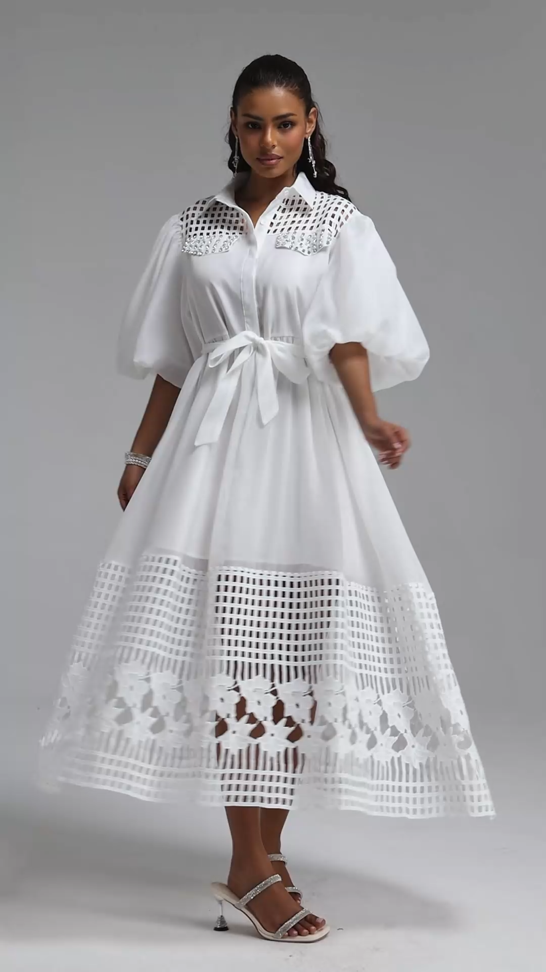 Delilah Resort Flowy Puff Sleeve Rhinestone Cut Out White Woven Maxi Dress
