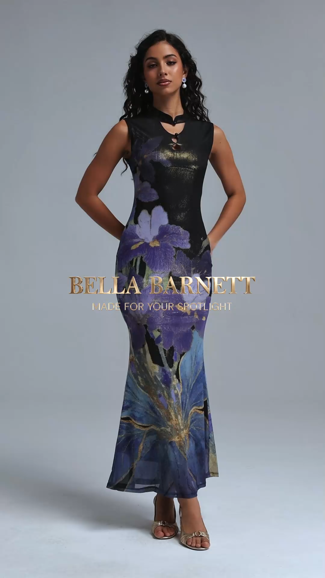 Lydda Vintage Contour Sleeveless Floral Print Mesh Maxi Dress