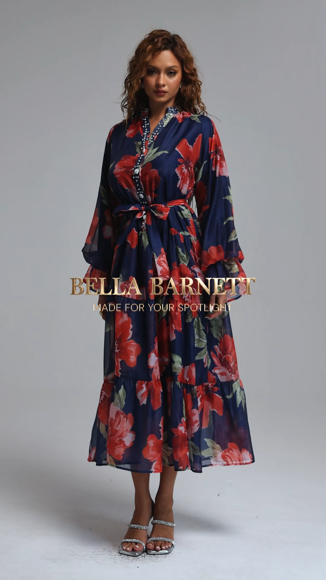 Majrela Romantic Flowy V-Neck Long Sleeve Rhinestone Floral Print Organza NavyBlue Maxi Dress