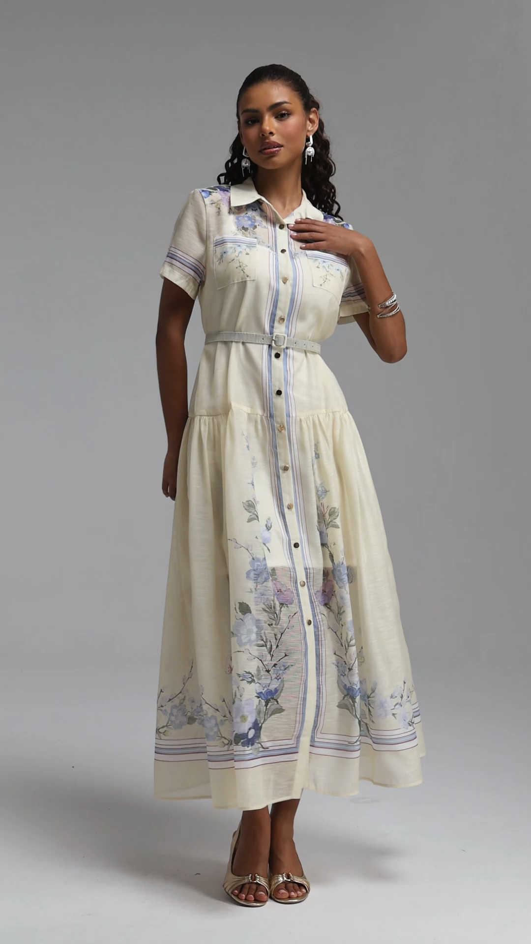 Hena Romantic Tailored Short Sleeve Print Woven Maxi Dress