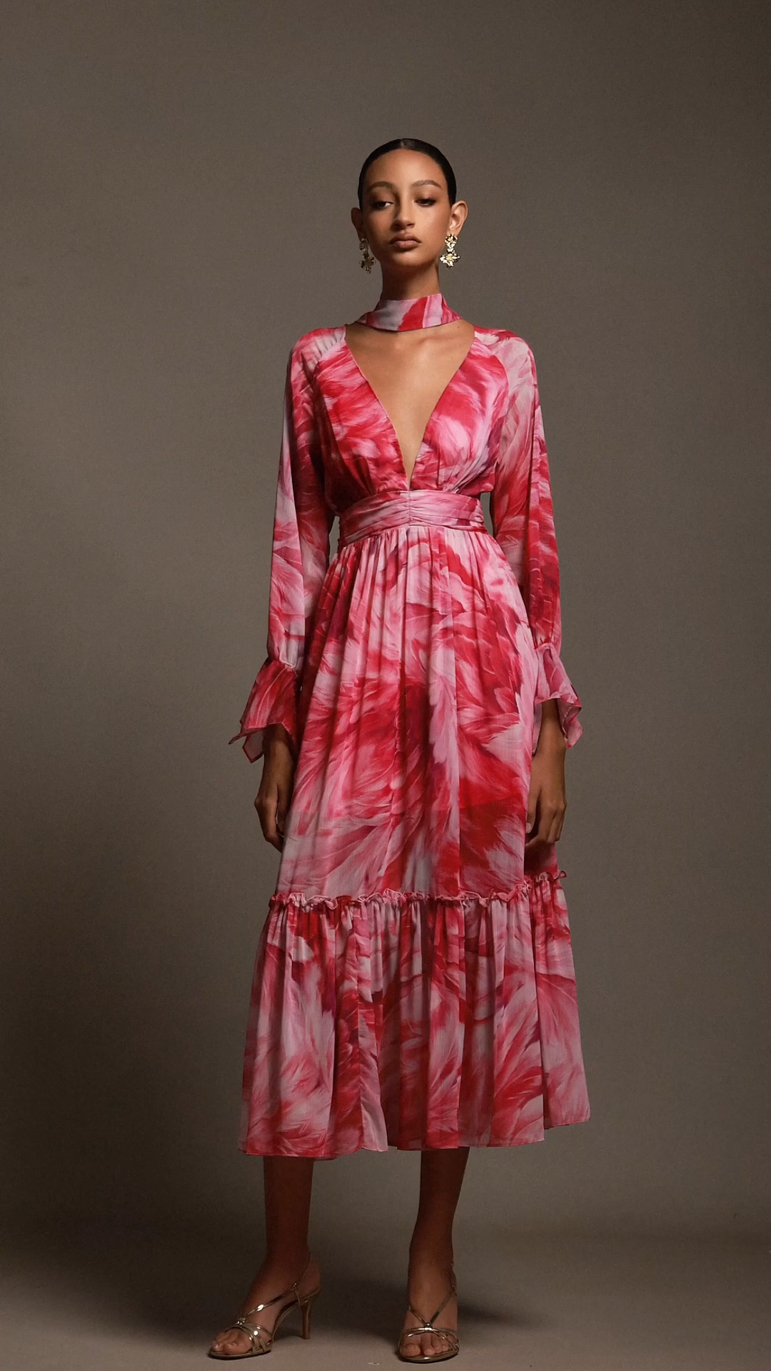 Frida Deep-V Long Sleeves Floral Printed Streamer Maxi Dress