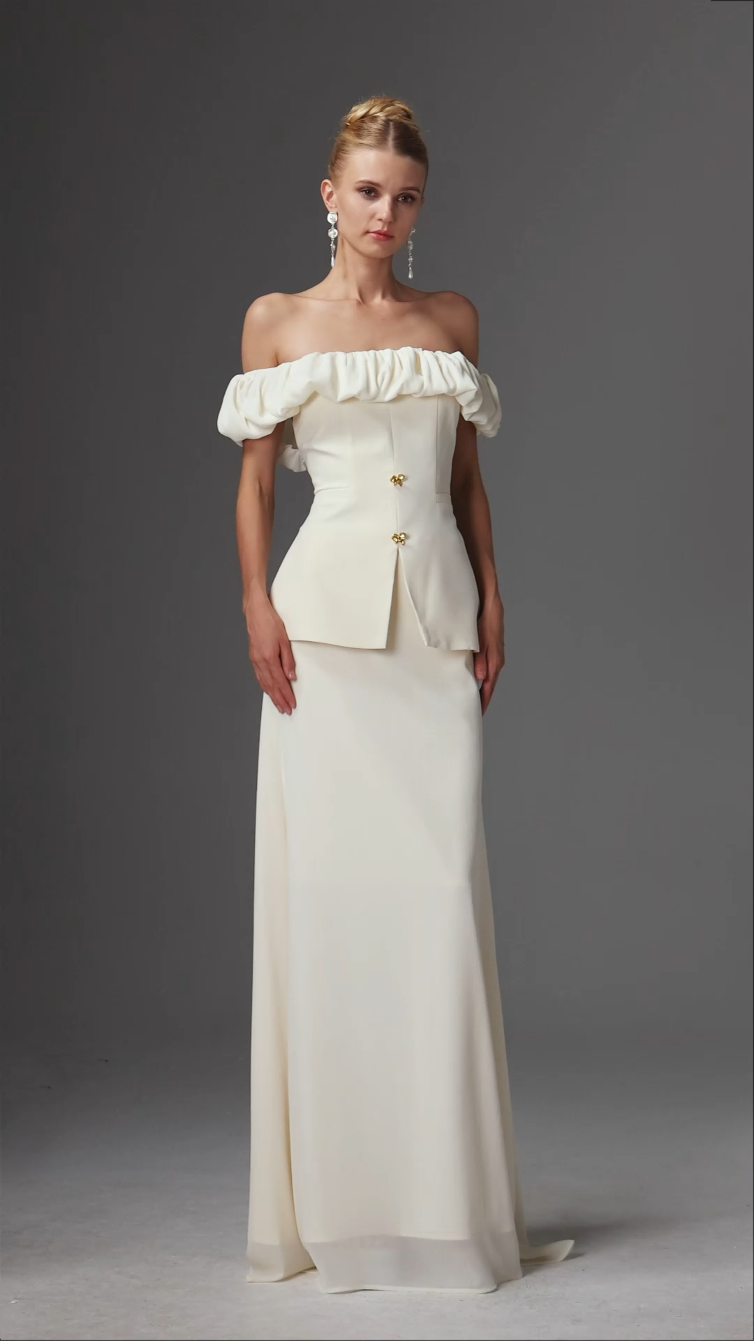 Mamie Elegant Tailored Off Shoulder Ruched Two Piece Set