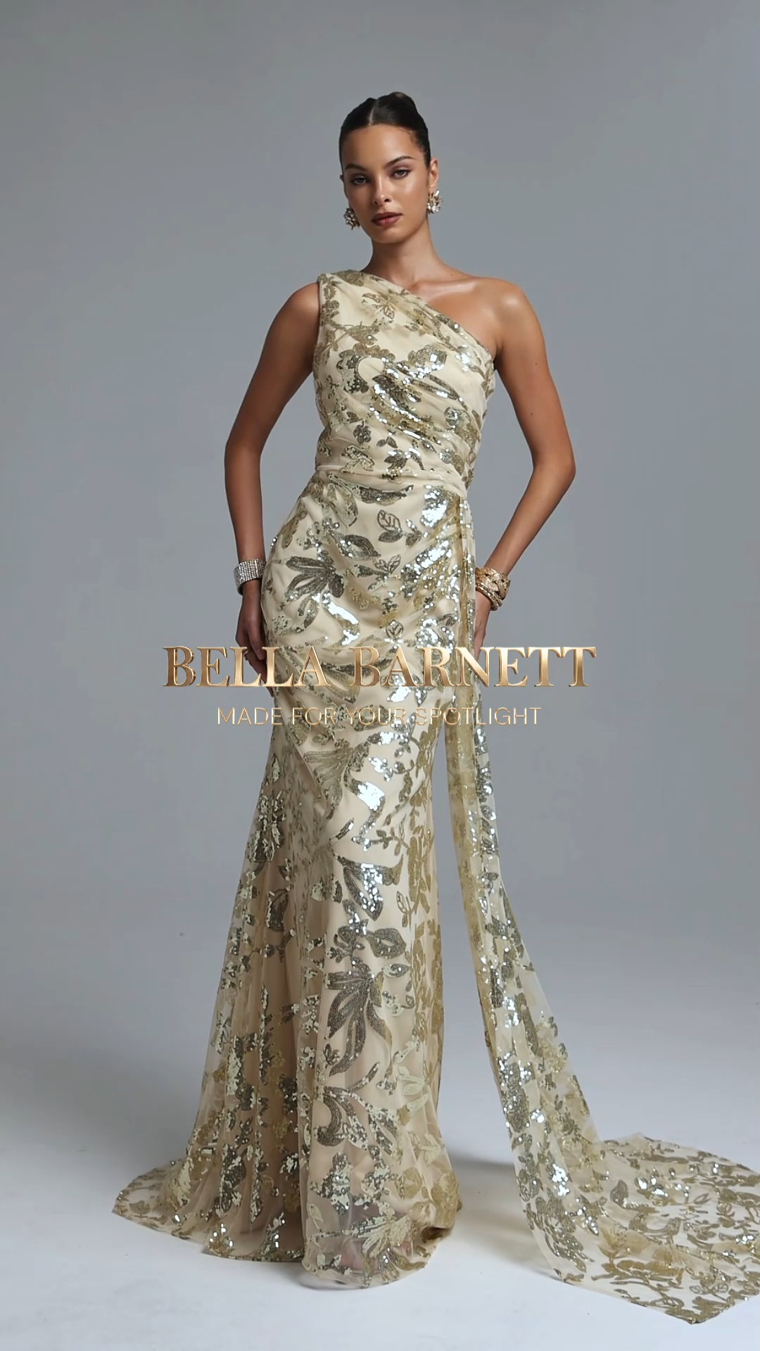 Mead Elegant Contour One Shoulder Sequin Floral Ruched Maxi Dress