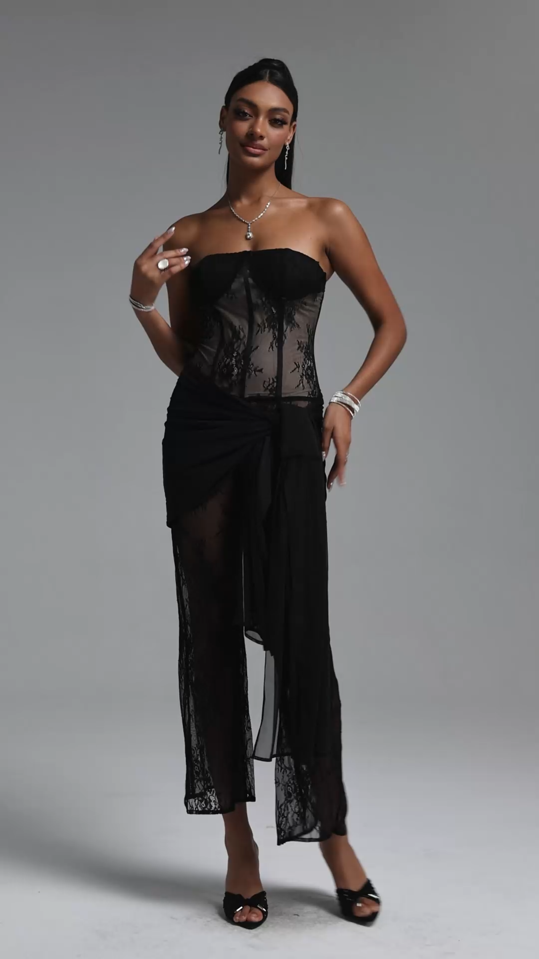 Wanie Sexy Waist-Cinched Sheer Lace Jumpsuit