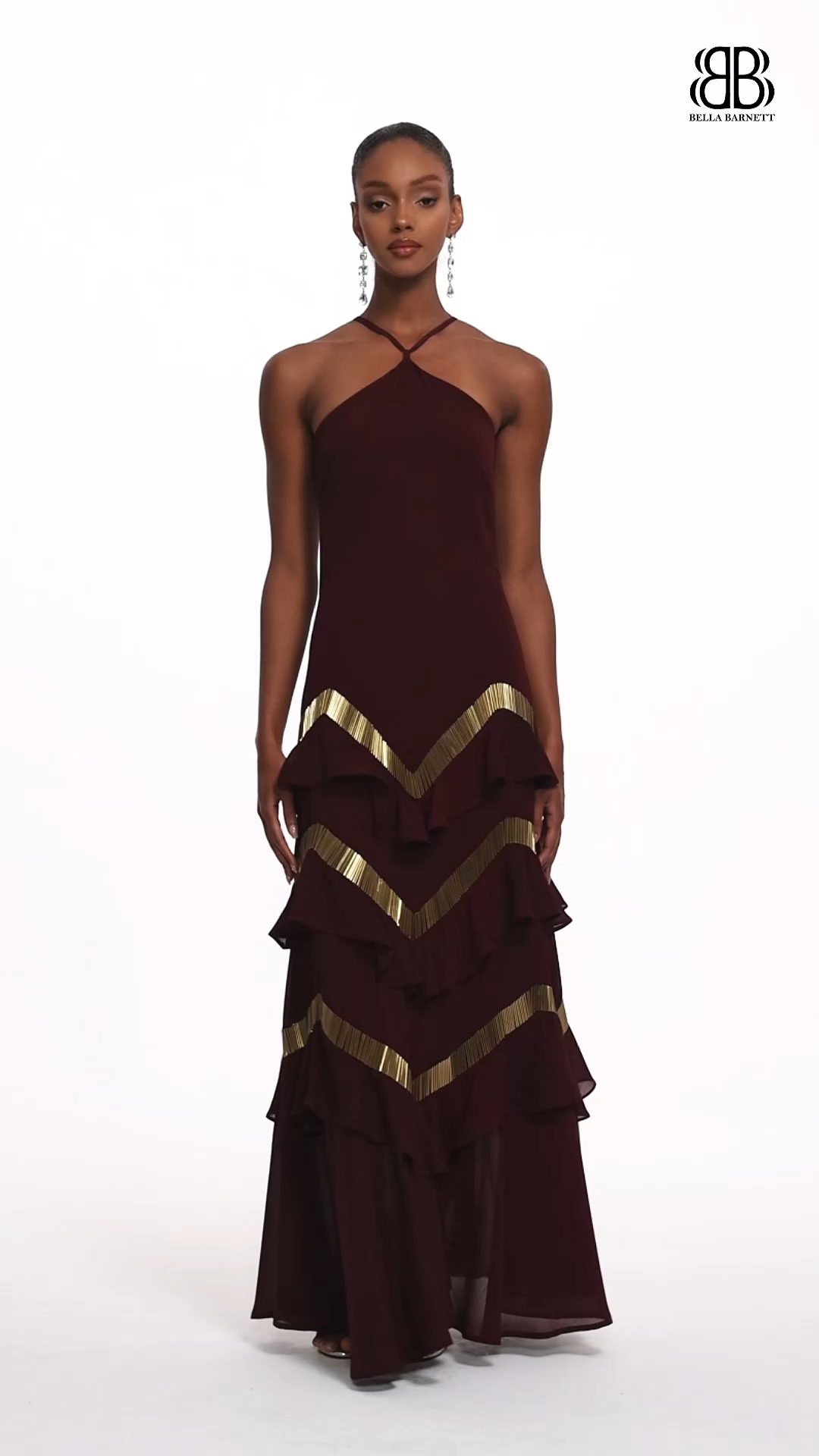 Tiana Chic Flowy Halter Embellished Ruffle Maxi Dress