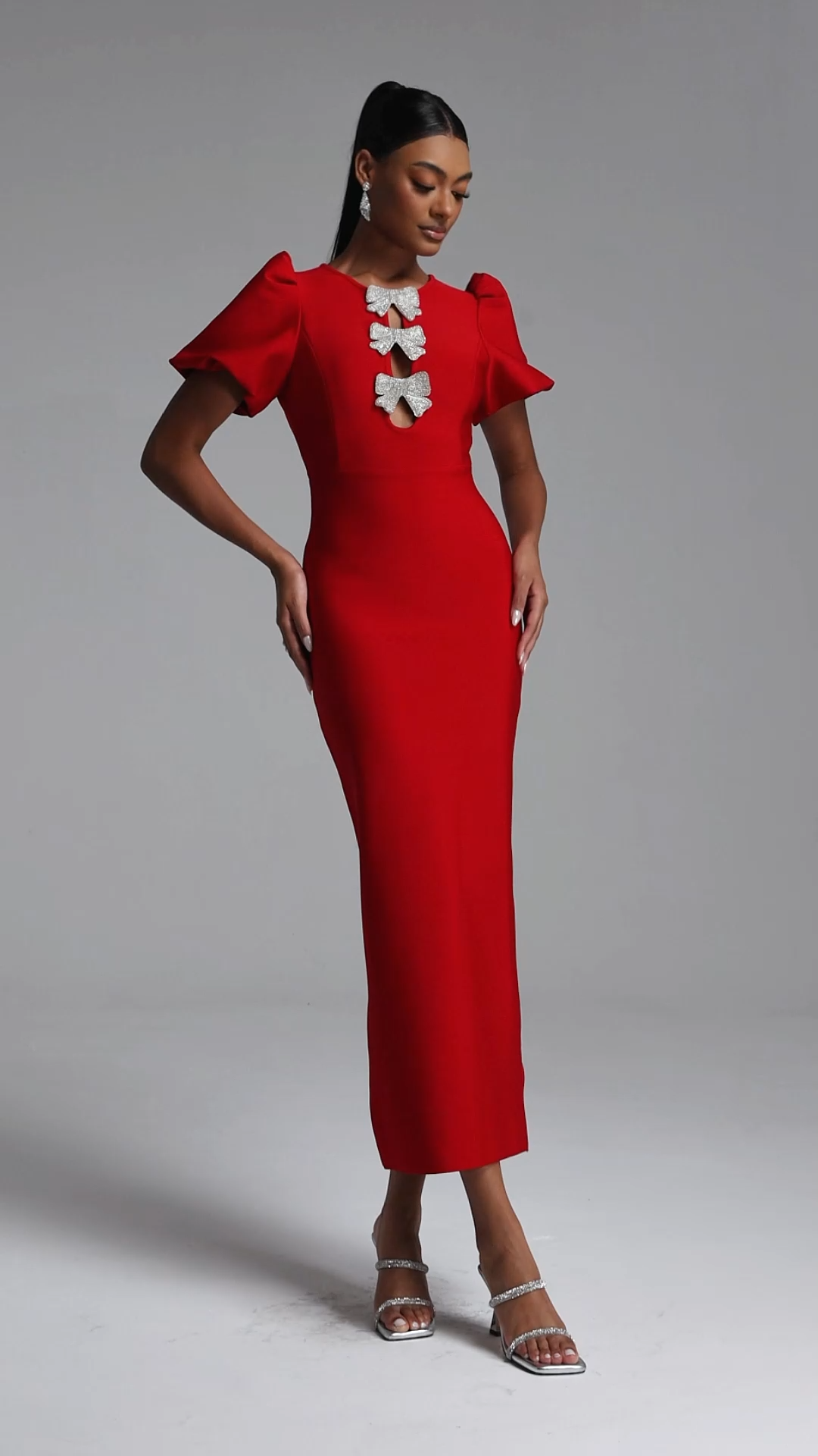 Lazze Romantic Contour Puff Sleeve Bow Bandage Maxi Dress