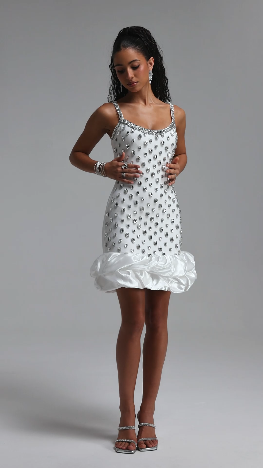 Francina Exquisite Contour Cami Strap Rhinestone Ruffle White Bandage Mini Dress