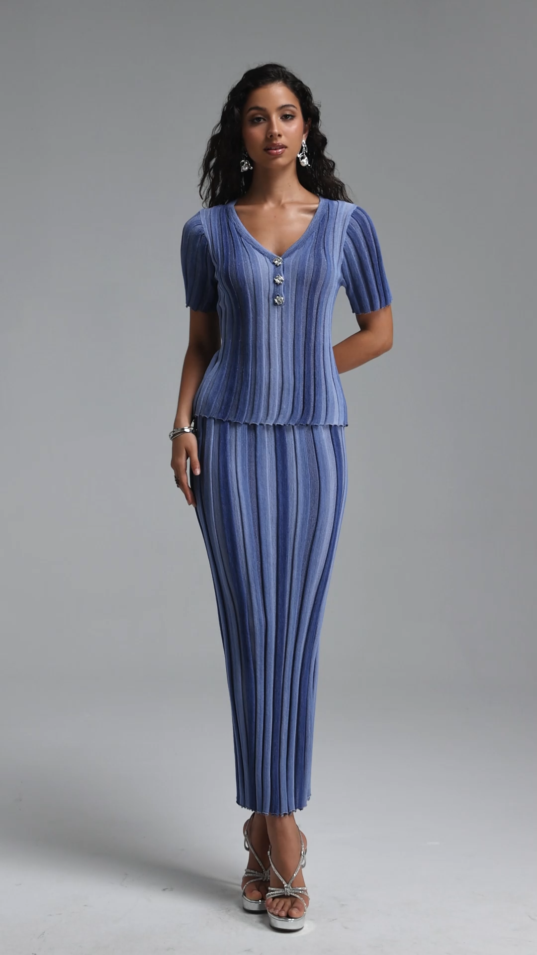 Sergio Vintage Contour Short Sleeve Striped Knit Maxi Dress