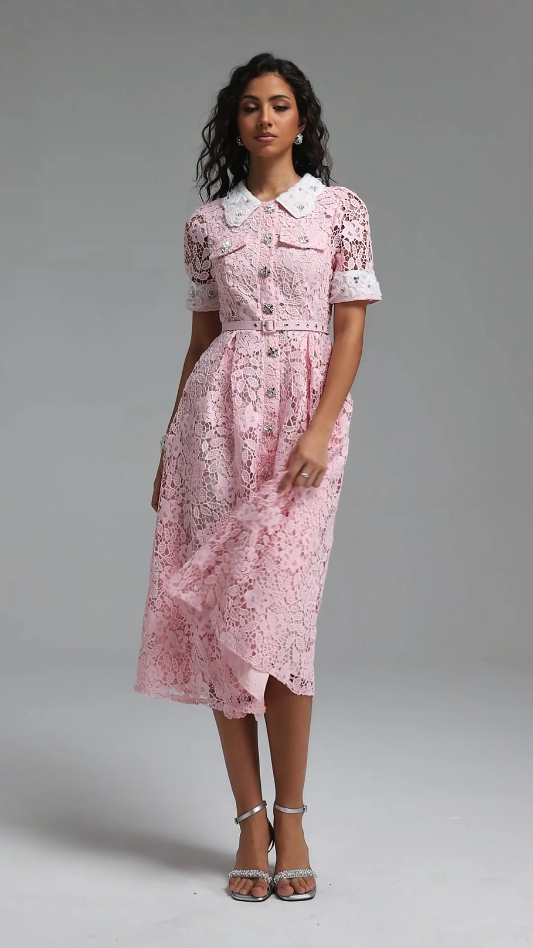 Sagona Classic Tailored Short Sleeve Rhinestone Floral Lace Maxi Dress