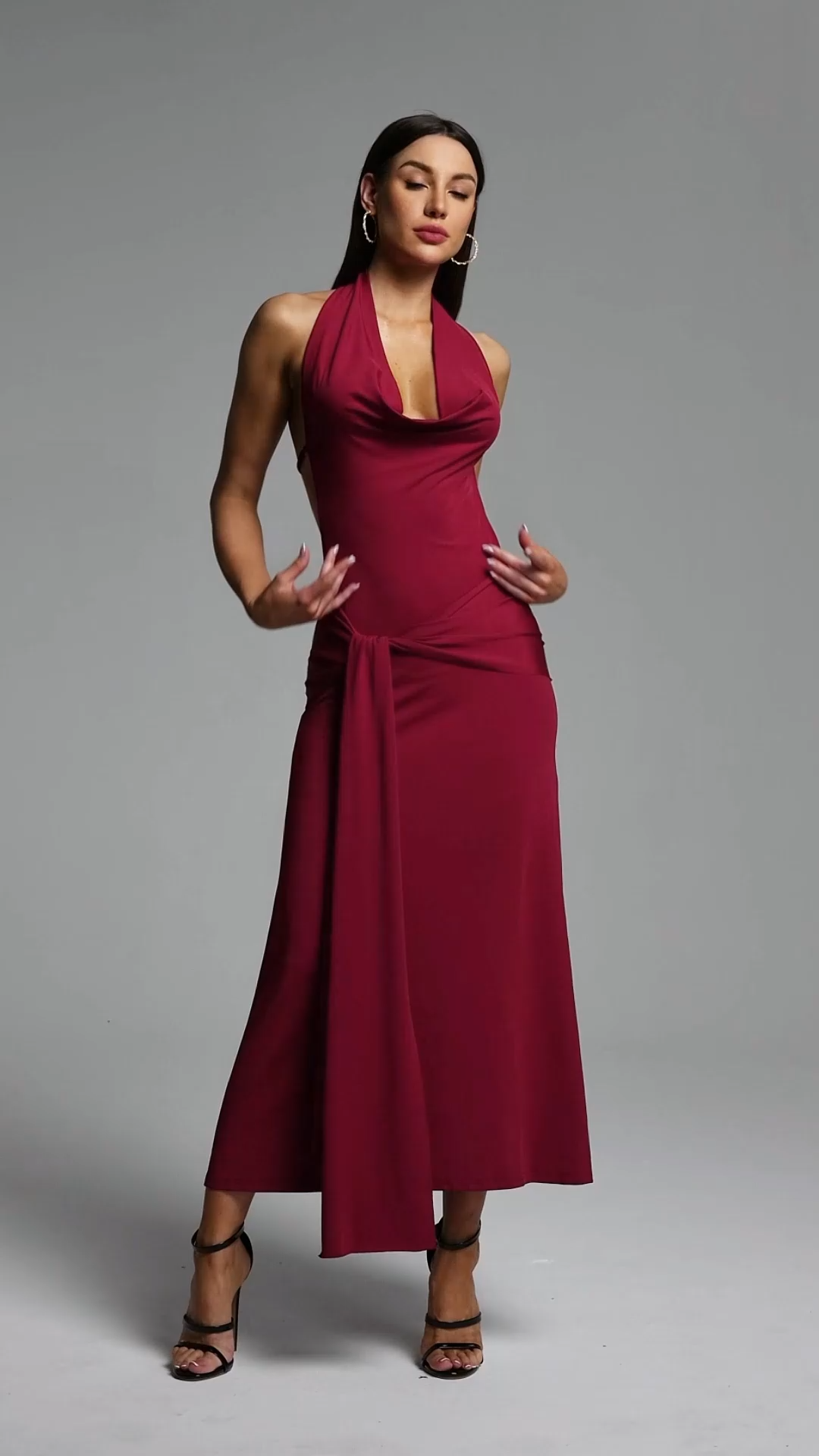 Yaliu Romantic Contour Halter Cowl Neck Knot Knit Maxi Dress