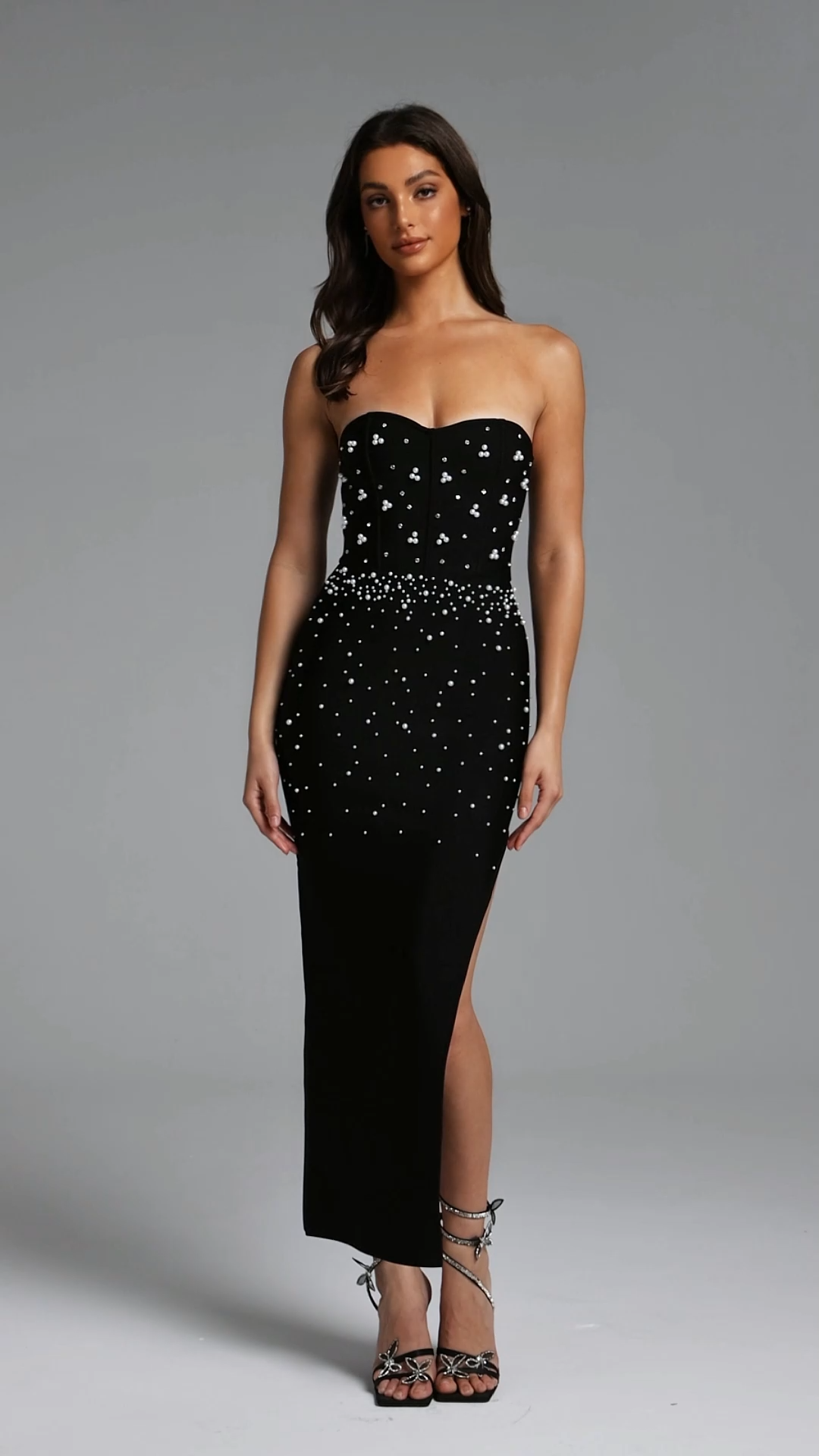 Kawayi Chic Contour Strapless Pearl Rhinestone Bandage Maxi Dress