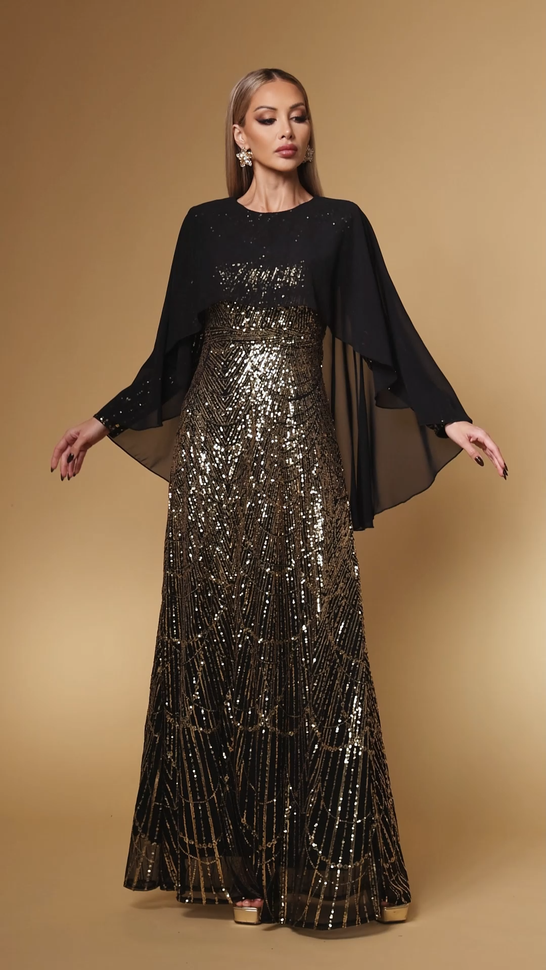 Sergio Elegant Contour Long Sleeve Mesh Shawl Sequin Maxi Dress