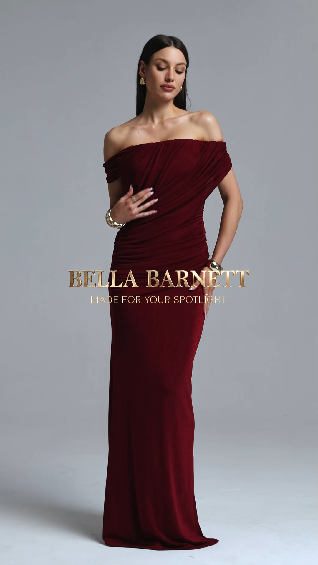 Slaia Minimalist Off Shoulder Diagonal Ruched Knit Red Maxi Dress