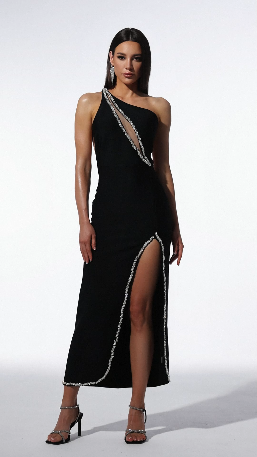 Janneth Sleeveless One Shoulder Diamond Slit Bandage Maxi Dress