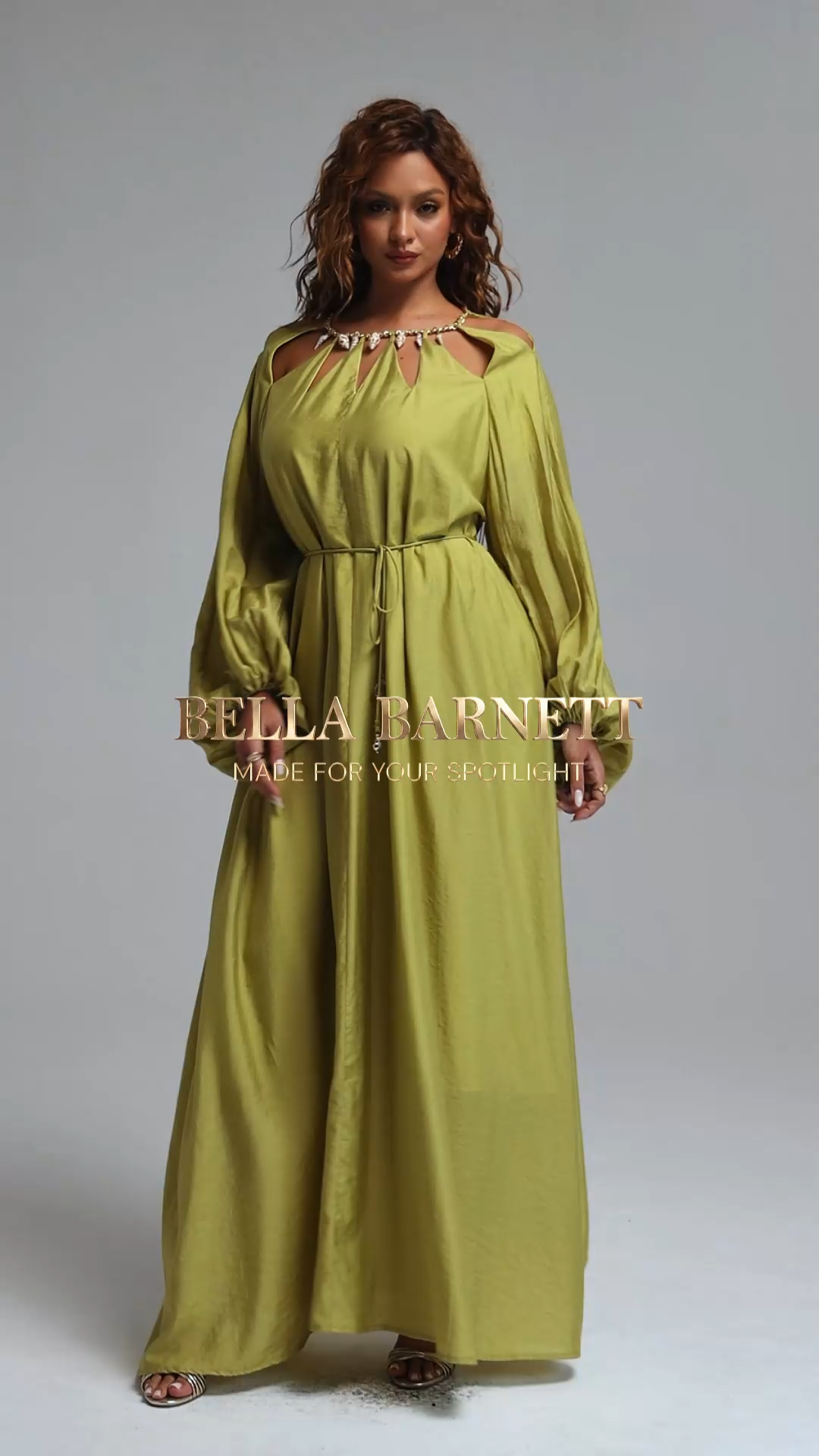 Tesare Romantic Flowy Cut-Out Round Neck Long Sleeve Tie-Waist Woven Maxi Dress