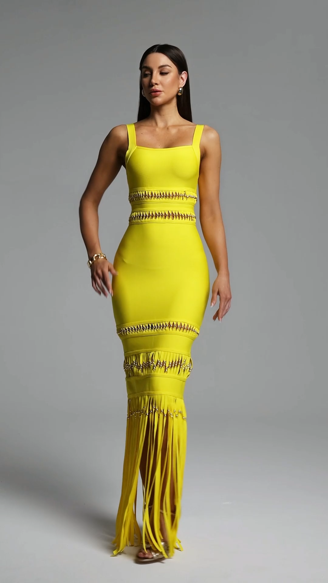Shanley Chic Contour Sleeveless Beaded Fringe Bandage Maxi Dress