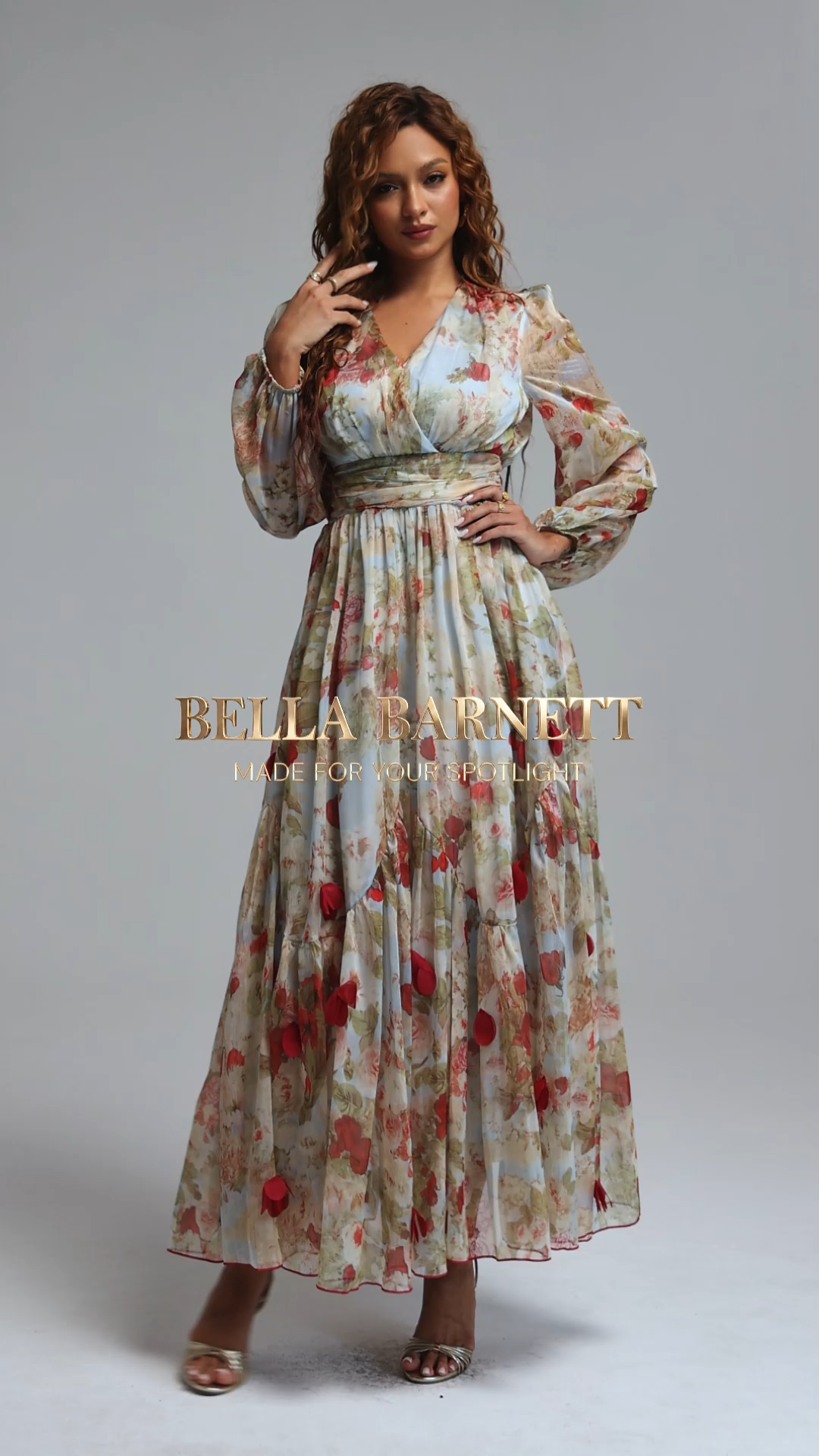 Lilani Romantic Flowy V Neck Long Sleeve Floral Ruched Chiffon Maxi Dress