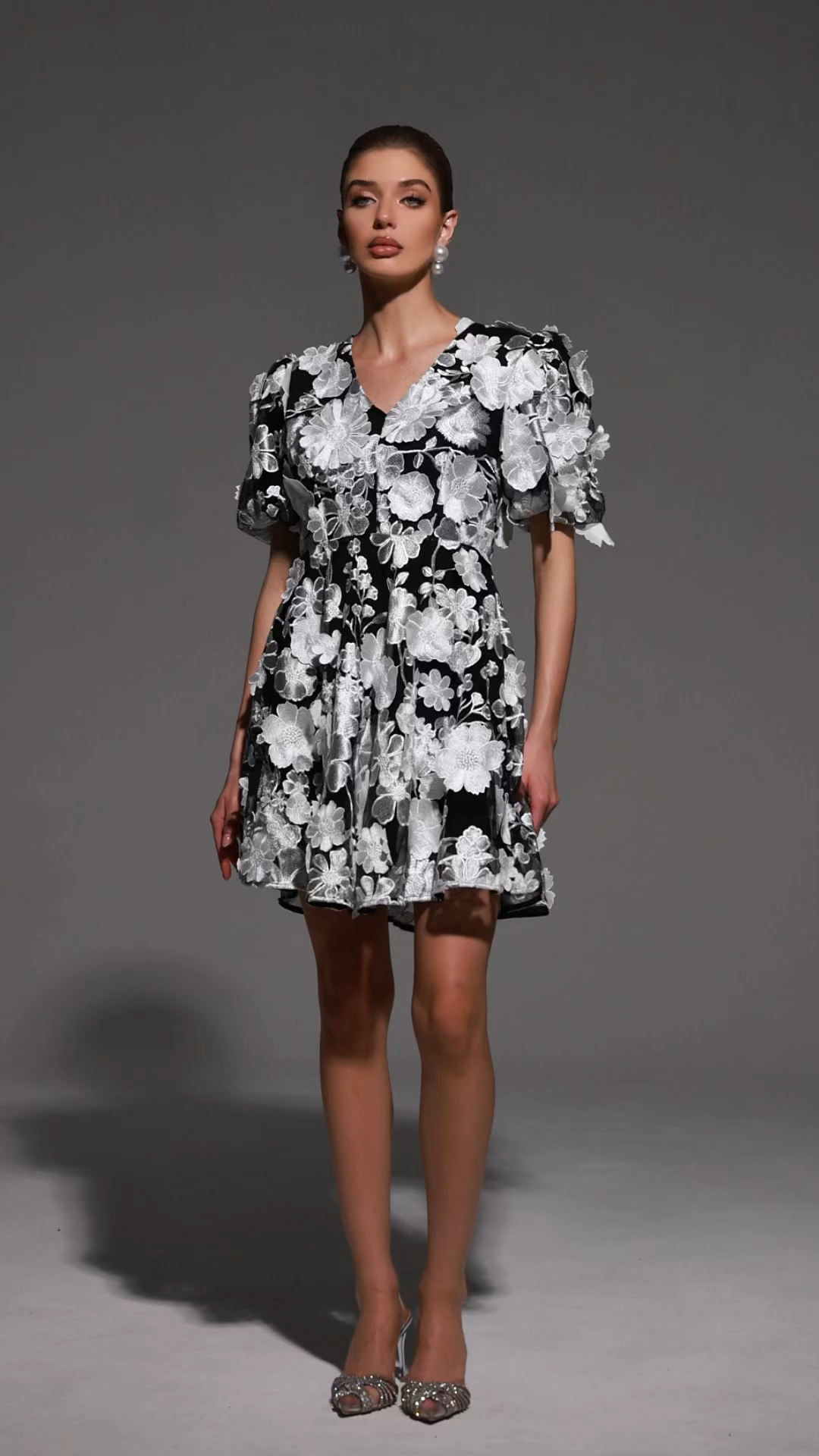 Laly Short Sleeve V-Neck Flowers Mini Dress
