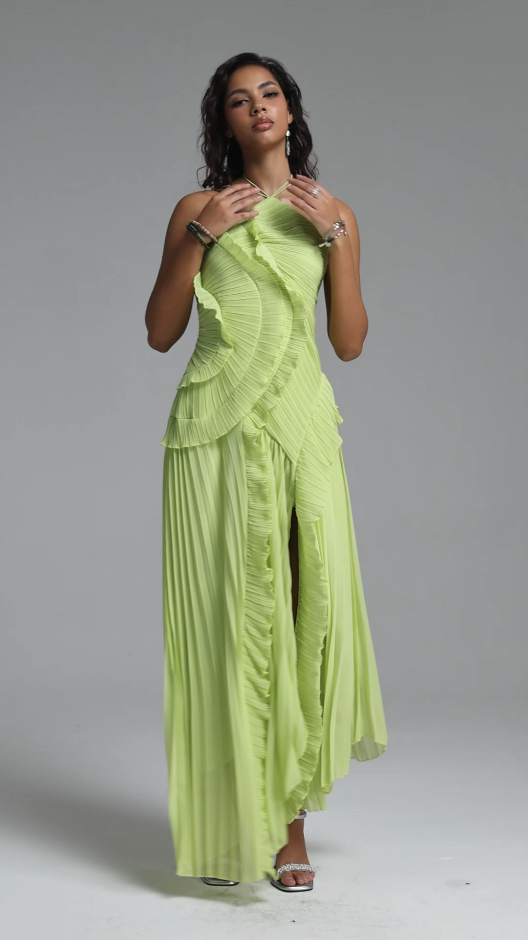 Ravaza Sleeveless Folds Slit Green Maxi Dress