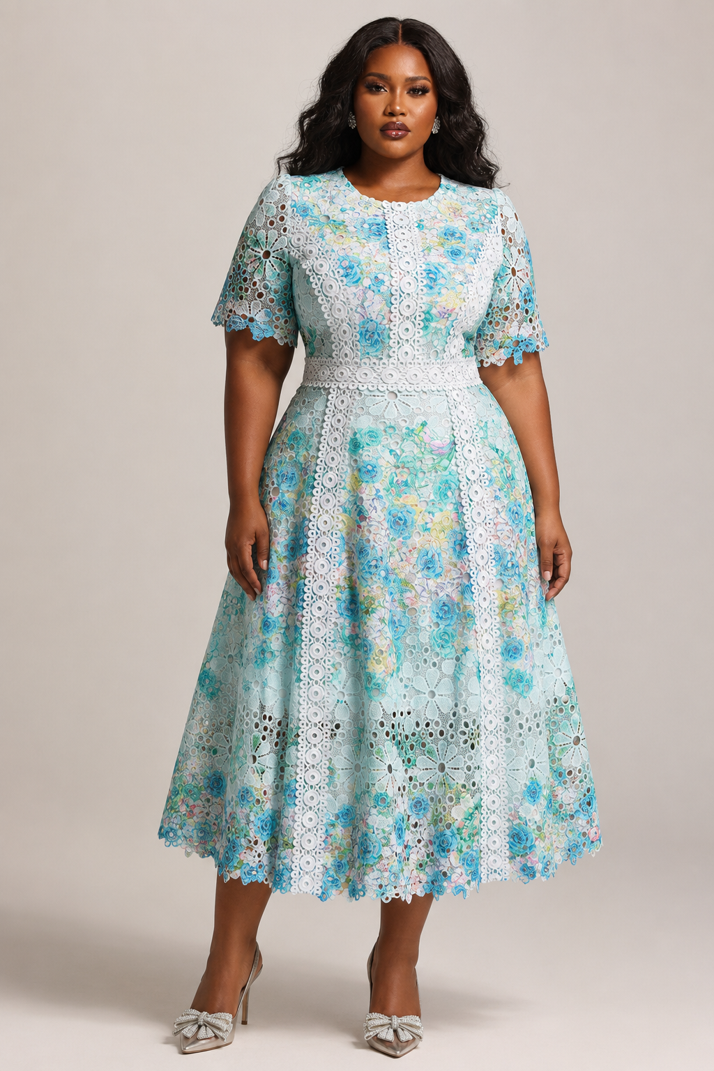Pillose Resort Cinched Round Neck Short Sleeve Floral Print Lace Green Maxi Dress