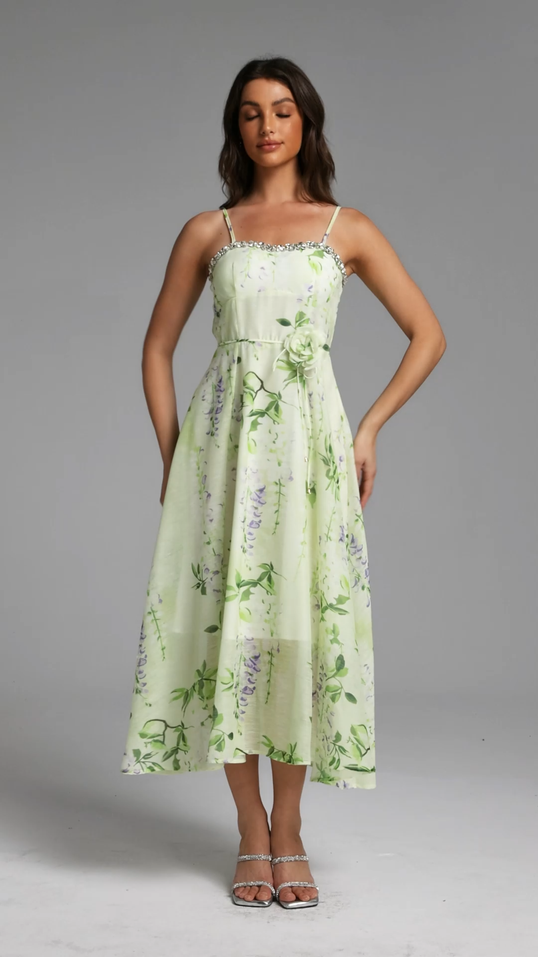 Nevaeh Romantic Tailored Rhinestone Floral Print Green Maxi Dress