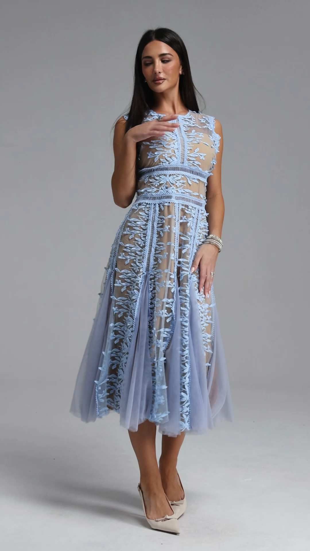Katya Elegant Tailored Round Neck Sleeveless Floral Woven Midi Dress