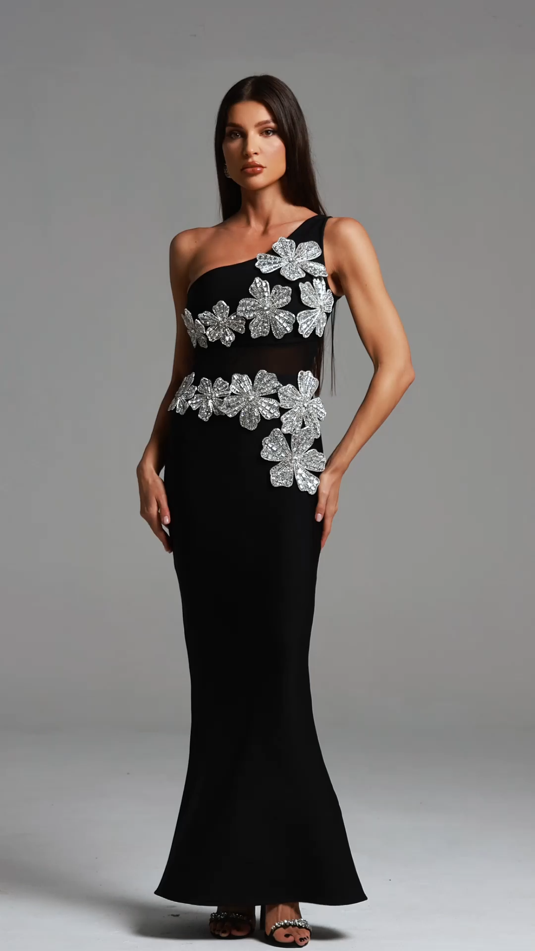 Retale One Shoulder Diamond Flowers Bandage Maxi Dress
