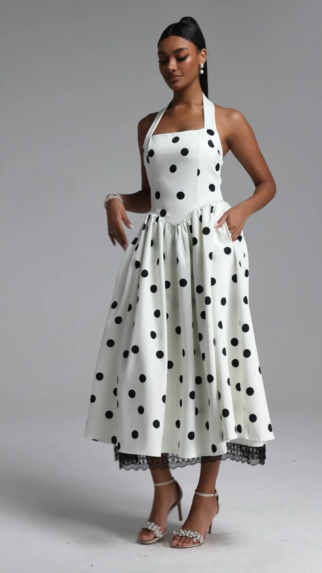 Shardae Elegant Sophisticated Sleeveless Halter Polka Dot Lace Maxi Dress