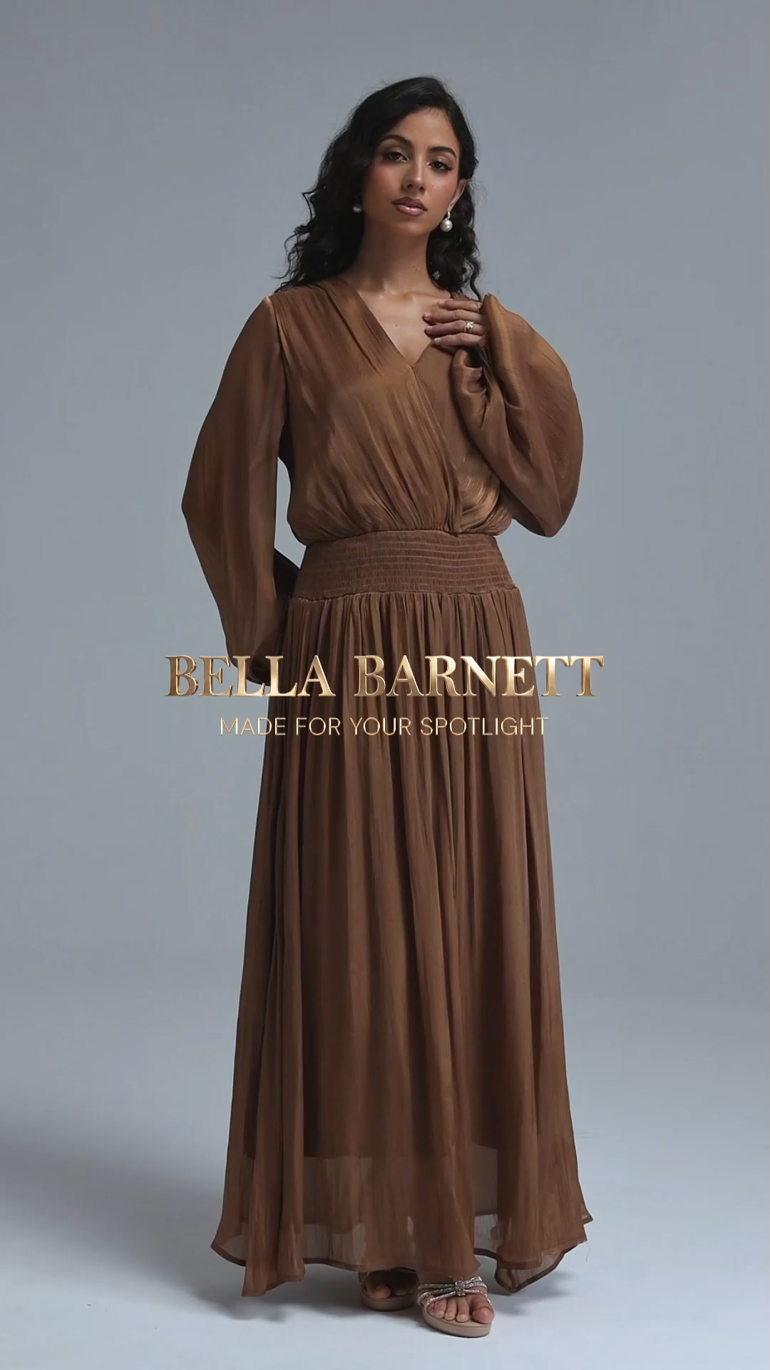 Sloan Romantic Flowy V Neck Long Sleeve Shimmer Satin Maxi Dress